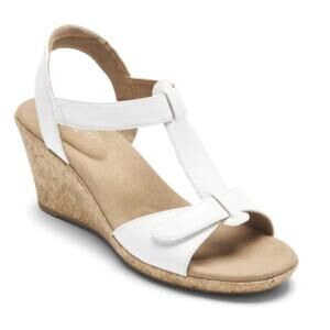 Preowned Light Use Rockport Blanca T Strap Wedge Sandal White Size 6.5